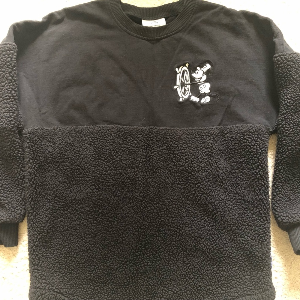 Disney Spirit Jersey XS Steam boat Willie Sweatshirt Black fuzzy